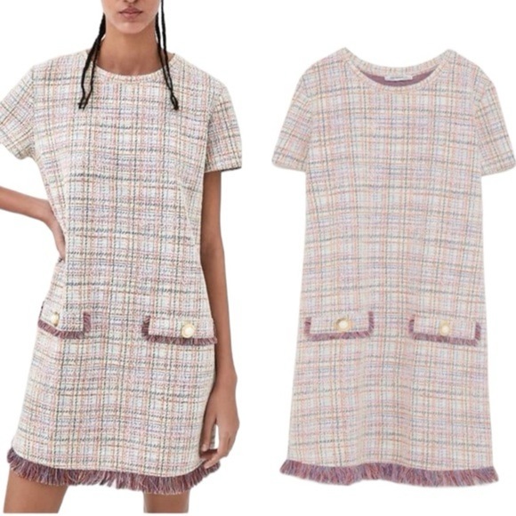 Zara |White Multicolor Pastel Tweed Fringe Frayed Hem Pearl Button Shift Dress S - Picture 3 of 15
